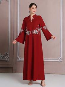 3D Oversized Silk Thread Embroidery Pattern Pearl Decorated Dress, Long Robe, Arabic Robe - Red - View 2