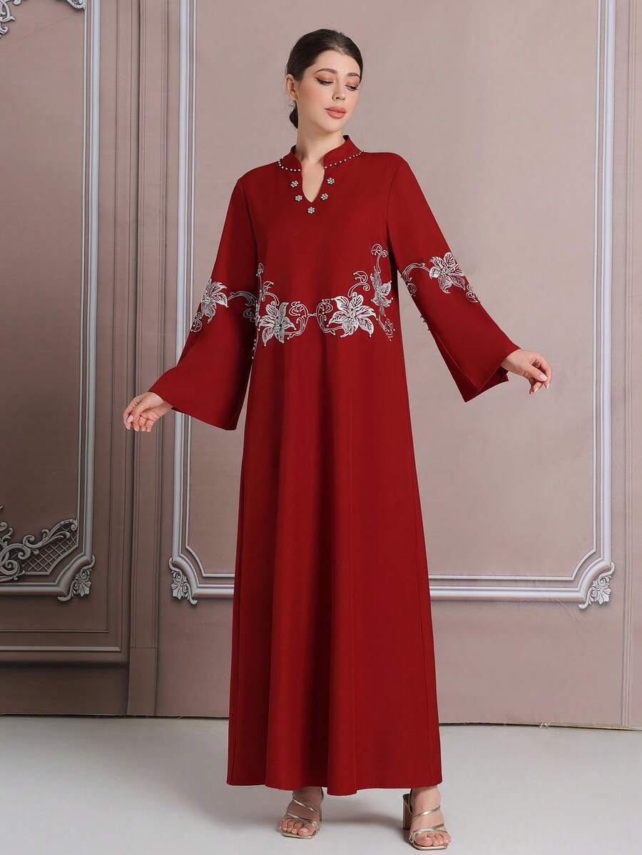3D Oversized Silk Thread Embroidery Pattern Pearl Decorated Dress, Long Robe, Arabic Robe