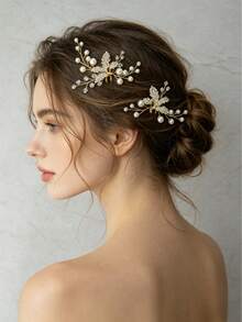 1pc Alloy Rhinestone Flower Leaf Crystal Faux Pearl Decorated Elegant Hair Stick, Suitable For Bride Wedding, Daily Vacation, Party Holiday And Other Occasions - Gold - View 1