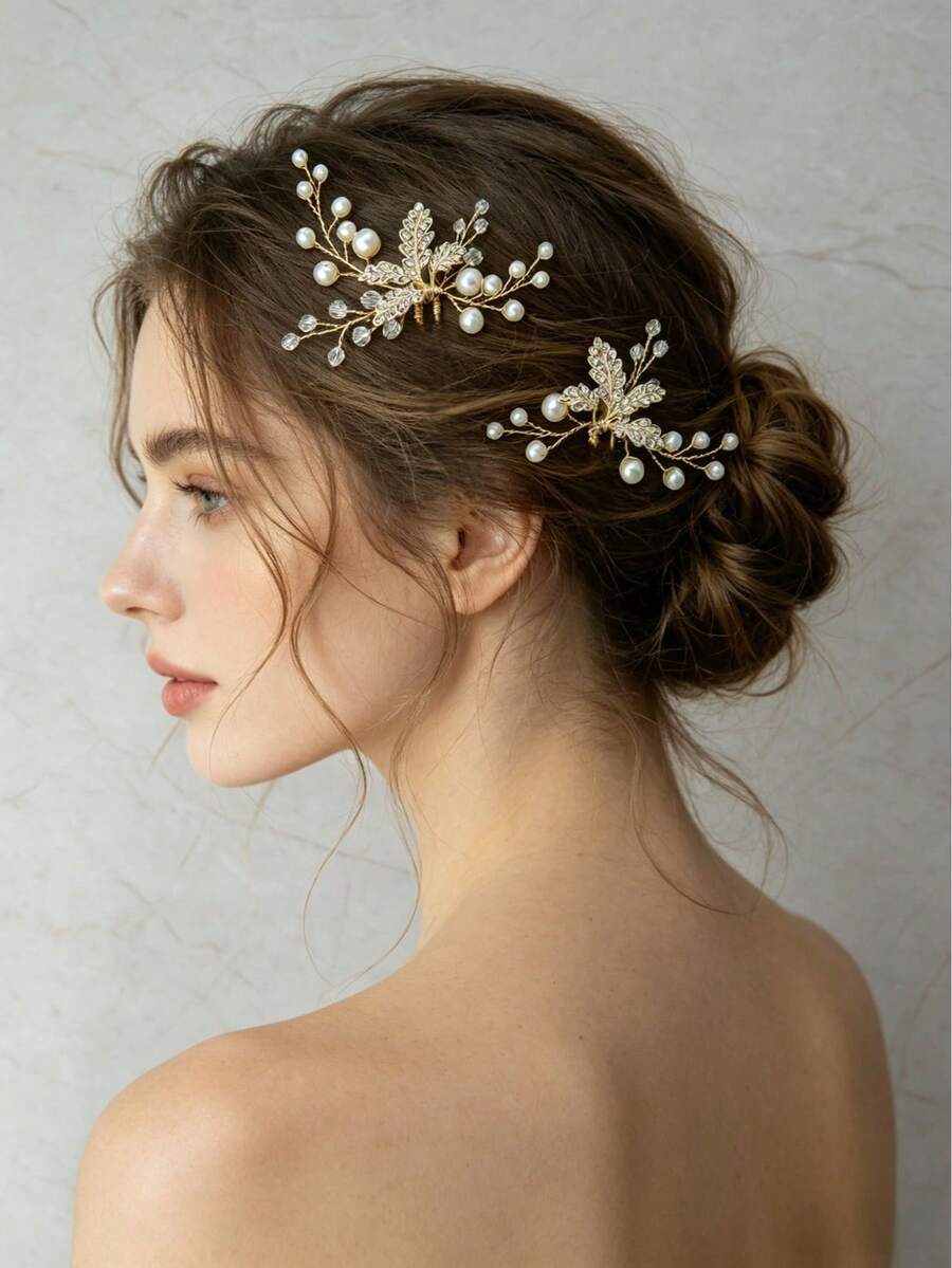 1pc Alloy Rhinestone Flower Leaf Crystal Faux Pearl Decorated Elegant Hair Stick, Suitable For Bride Wedding, Daily Vacation, Party Holiday And Other Occasions - Gold - View 1