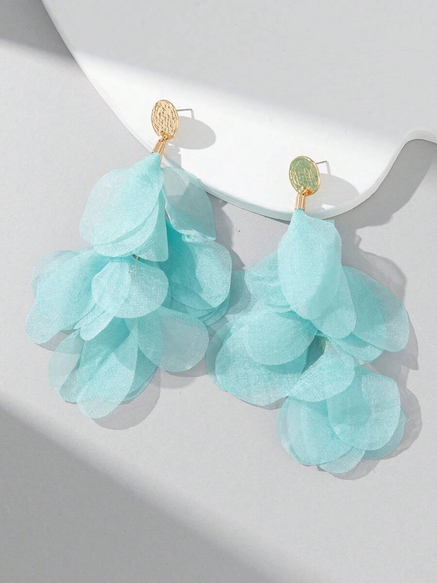 1 Pair Elegant Fabric Flower Long Earrings, Suitable For Daily Wear - Light Blue - E1341 - View 1
