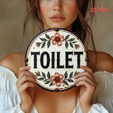 2D Flat Printed Vintage Round Metal Sign - Bathroom Sign, 8X8 Inches, Suitable For Home, Room, Garage, Countryside, Garden, Man Cave And Holiday Decor, Pre-Drilled Holes, Style As Shown In Size Image - Multicolor - View 7