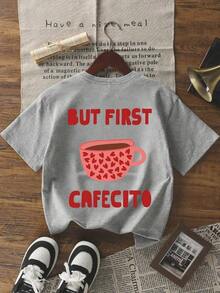 1 camiseta de verano para mujer con cuello redondo y manga corta, estampado de corazón rosa y taza de café, letras en inglés, corte holgado informal y versátil, adecuada para verano, playa, calle, uso diario, trabajo, fiesta de oficina, salida, festival, evento musical, Día de San Valentín, fiesta, color blanco. - Amarillo - Ver 10