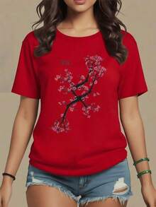Ramas de cerezo en flor que simbolizan la renovación y la belleza efímera de la vida con pétalos rosados extendidos sobre fondo blanco camiseta de mujer 100% algodón 220g,maija mujer curvy. - Rojo - Ver 9