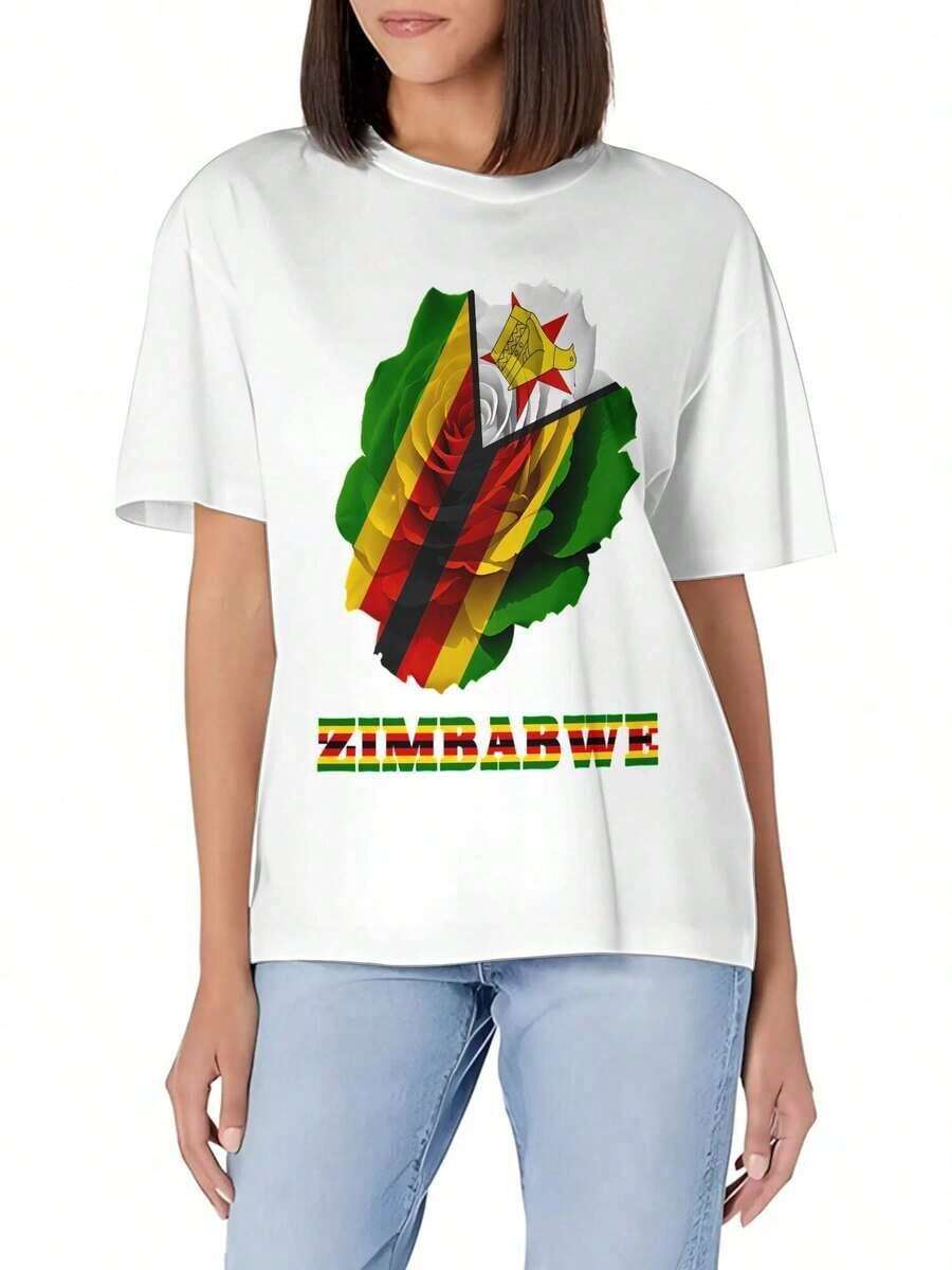 Camiseta Básica de Cuello Redondo para Mujer con Estampado de Rosas y Flores - Algodón Suave, Corte Ajustado, Versátil para Uso Diario - Estilo Urbano Vintage, Unisex, Camiseta de Manga Corta de Algodón Holgada con Cuello Redondo, blusas para mujer, playeras de mujer, blusas casuales para dama. - Blanco - Ver 1