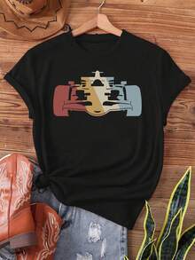 Retro Racing Print T-Shirt In Four Colors, Classic Racing Style, Short Sleeves, Crew Neck, Casual, Suitable For Summer And Spring, Women's Clothing. Elegant Party Outfit, Stylish Ladies' T-Shirt, Blouses Suitable For Curvy Women, Casual Wear, Cool And Sweat-Free Summer Clothing, Fun Letter Print. - 黑色 - 查看 6
