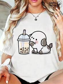 Women's Fashion White T-Shirt With Cute Dog Drinking Bubble Tea Print On The Front - Comfortable Casual Wear For Daily Outings And Relaxing Moments - 白色 - 查看 1
