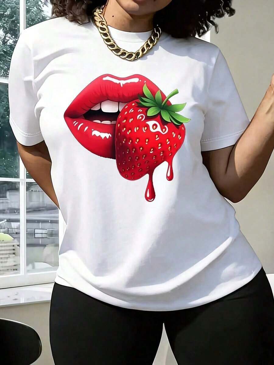 Women's Crew Neck T-Shirt | Women's Short Sleeve Cotton Crew Neck T-Shirt With Strawberry Lips Print | Everyday Wear, Casual Short Sleeve T-Shirt For Spring And Summer | Machine Washable, Suitable As A Gift For Friends, Classmates, Sisters, And Wives, For Wear In Spring, Summer, And Autumn. - 白色 - 查看 1
