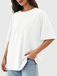 Camiseta holgada para mujer de manga corta y cuello redondo, camisa casual estilo Y2K, básica para deportes de verano - Blanco - Ver 2