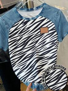 Camiseta casual de mujer de cuello redondo y manga corta con estampado de letras y rayas - Multicolor - Ver 5