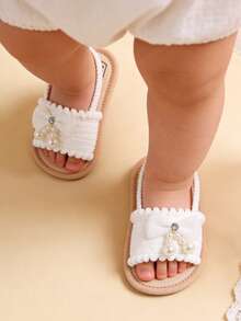 Giày sandal mùa hè cho bé gái, có nơ hoa, đế mềm, thích hợp cho váy cưới, giày tập đi cho bé sơ sinh, giày tập đi trong nôi. - trắng - Xem 3