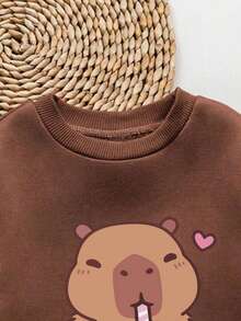 Young Girl Cartoon Print Round Neck Long Sleeve Dress - Coffee Brown - View 4