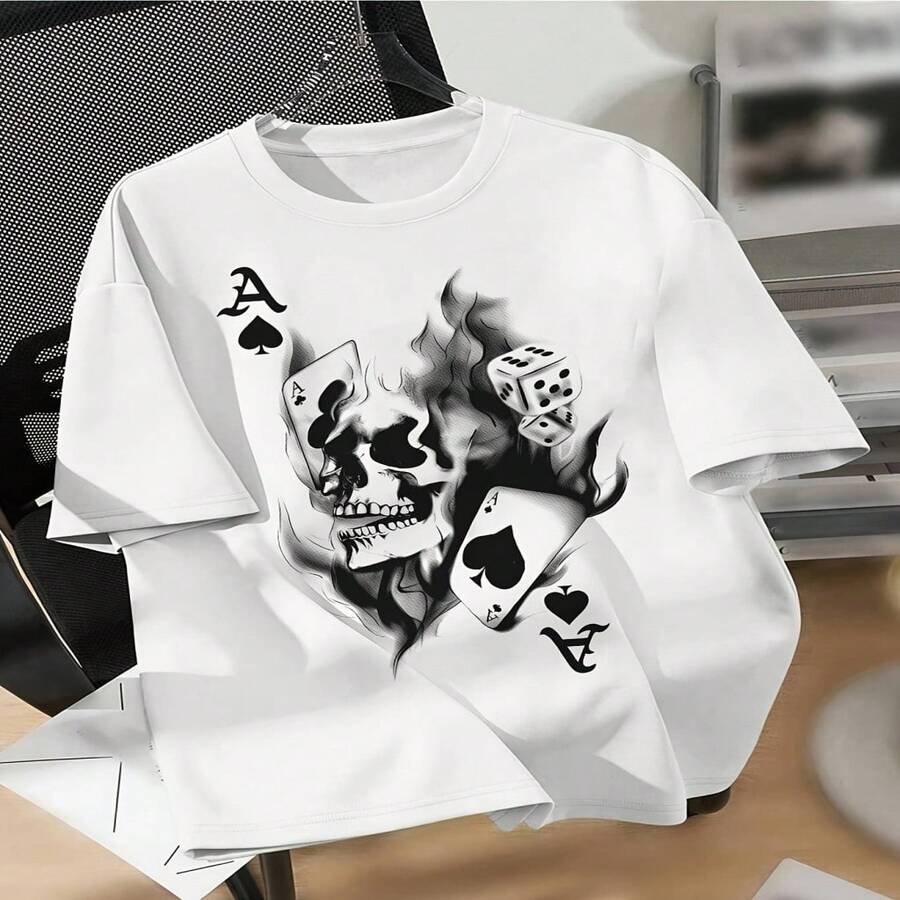 Women's Casual White Cotton T-Shirt With Skull, Dice & Playing Card Graphic Print, Short Sleeve Round Neck Tee, High Stretch Fabric - 白色 - 查看 1