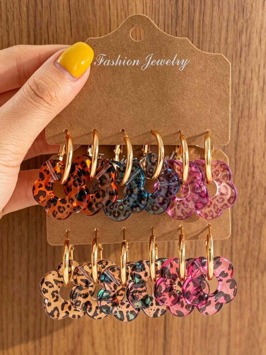 6-12pcs Vintage Leopard Print & Hollow Flower Design Earrings, Printed Resin Flower Gold Hoop Earrings, Suitable For Women's Daily Wear, Travel & Holiday - Multicolor - View 1