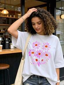 Camiseta Casual de Mujer con Estampado Floral de Margaritas, Cuello Redondo, Manga Corta con Hombros Caídos, Camiseta de Elasticidad Media para Conjuntos de Primavera - Blanco - Ver 2