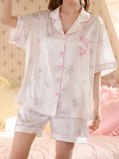 Gongdie 2 Pieces Set Disney Pajamas For Women, Summer Short Pajama Set, Snowflake Print Pink Trim,Soft Lounge Set