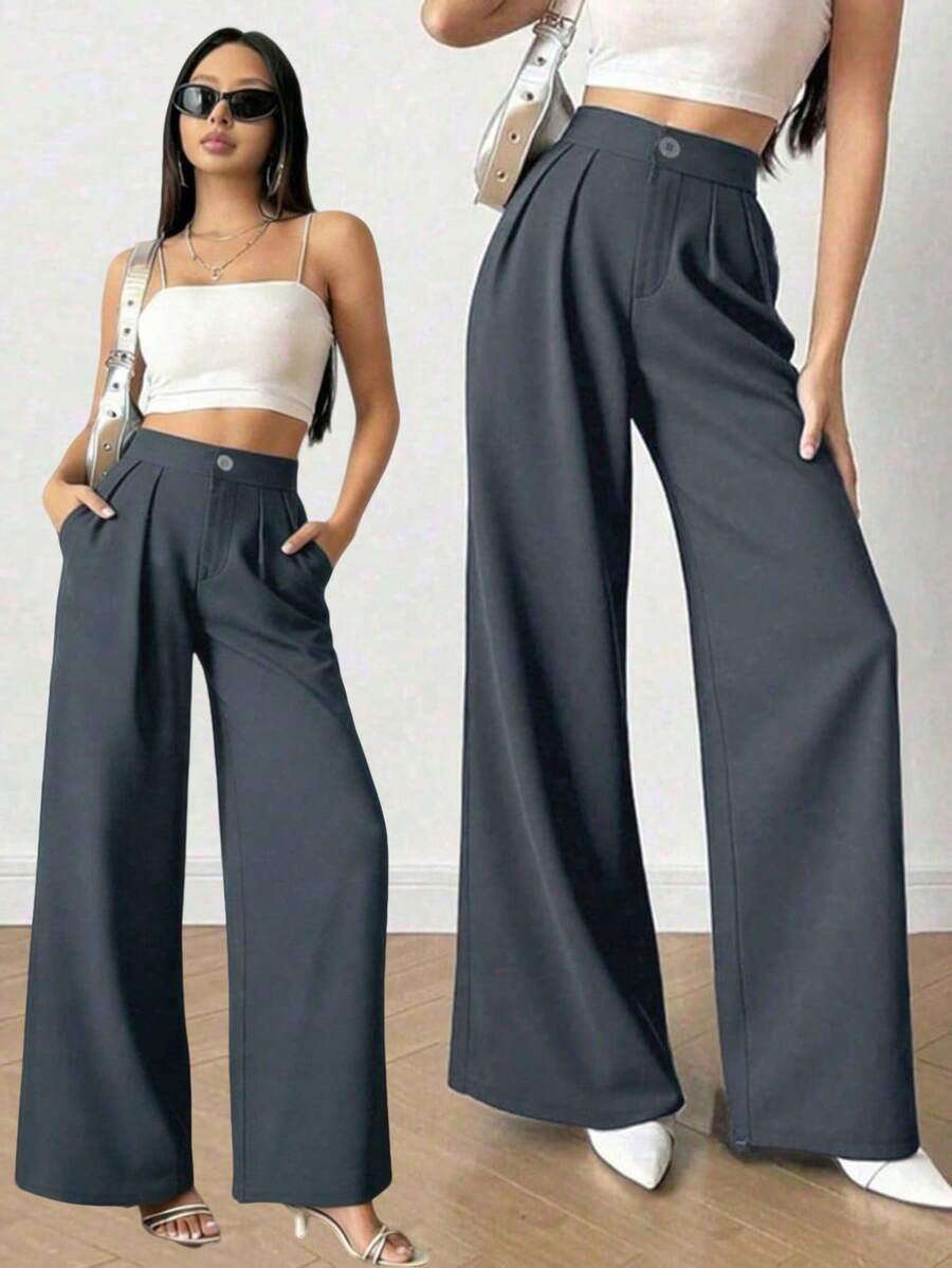 Tailored Wide Leg Trousers - Dark Grey - View 1