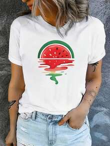 Casual Leisure Women's White T-Shirt With Melted Watermelon Print, Casual Summer Design For Women, Short Sleeve Tops, Bohemian Style For Beach And Leisure, American Casual Night - 白色 - 查看 2