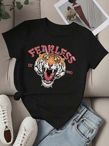 Camiseta de Cuello Redondo para Mujer con Estampado Gráfico de Cabeza de Tigre, Manga Corta, Casual para Uso Diario - Negro - Ver 2