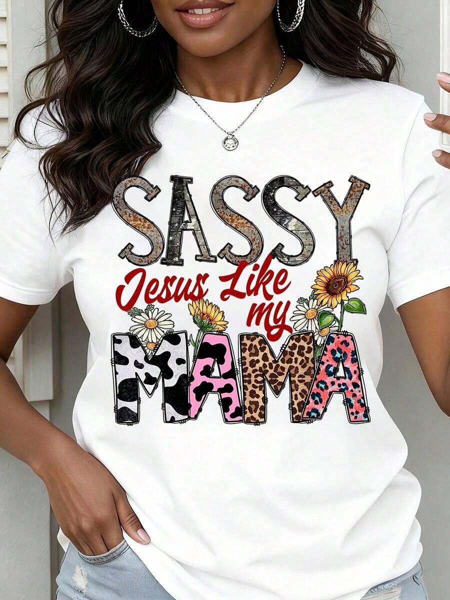 Camiseta de Cuello Redondo para Mujer, Diseño Casual de Verano con Estampado de Leopardo y Vaca, Diseño Floral, Manga Corta, Estilo Sassy Jesus Like My Mama - Blanco - Ver 1