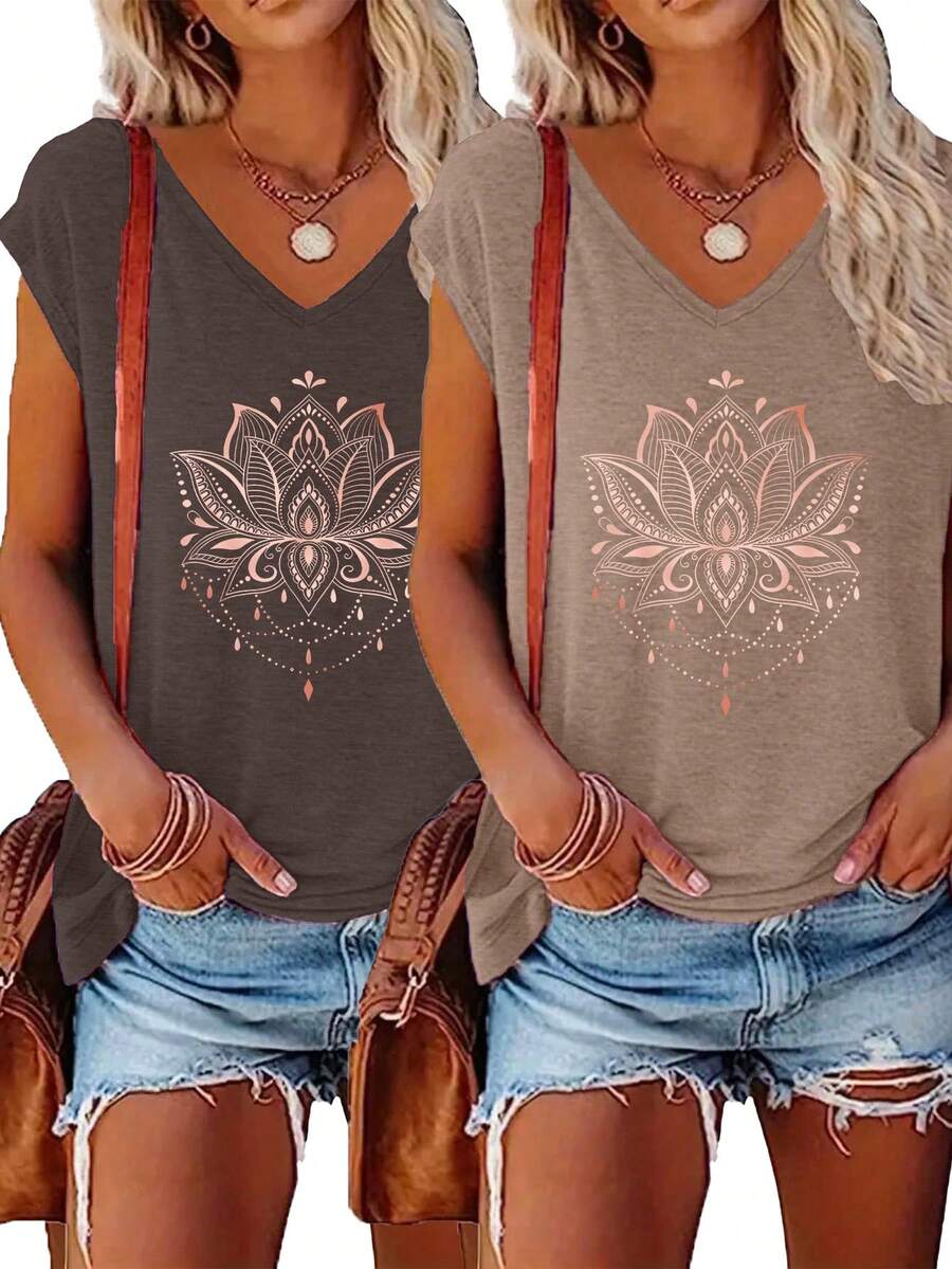 2pcs Solid V-Neck T-Shirts, Casual Short Sleeve Tees For Women, Spring/Summer - Multicolor - View 1