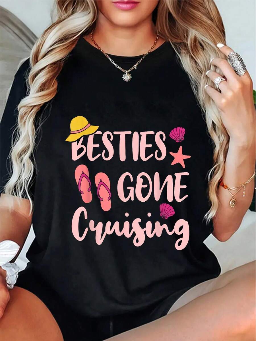 Elegante Camiseta Diaria Unisex 100% con Temática de Crucero - Diseño de Crucero para Mejores Amigos, con motivos de cruceros y vacaciones, camiseta casual de verano de manga corta y cuello redondo suave, adecuada para fiestas en la playa, despedidas de soltero/a, viajes y vacaciones en crucero - Divertidos conjuntos para parejas de mejores amigos (lavable a máquina) - Idea de regalo para el Día de la Madre/Día del Padre - Unisex, sin cinturón, largo regular, corte en H, camiseta de moda divertida con diseño de crucero. - Negro - Ver 1