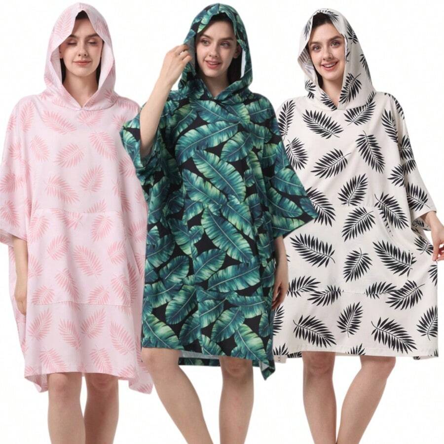 1 pieza Nuevo Modelo de Primavera/Verano Bata Ligera, Poncho con Capucha de Estampado Tropical de Palmas, No Adherente, Diseño Unisex, Adecuado para Aguas Termales, Playa, Vacaciones, Uso Cómodo