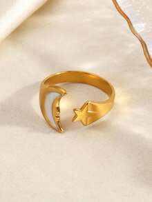 1pc 18K Gold Plated Stainless Steel Star & Moon Open Ring, Suitable For Women's Daily Wear And Parties - Multicolor - View 4