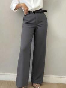 Pantalones casuales de pierna acampanada con diseño minimalista para mujer, adecuados para ir al trabajo, la oficina, uso diario, todo el año, color rosa primaveral - Gris - Ver 1
