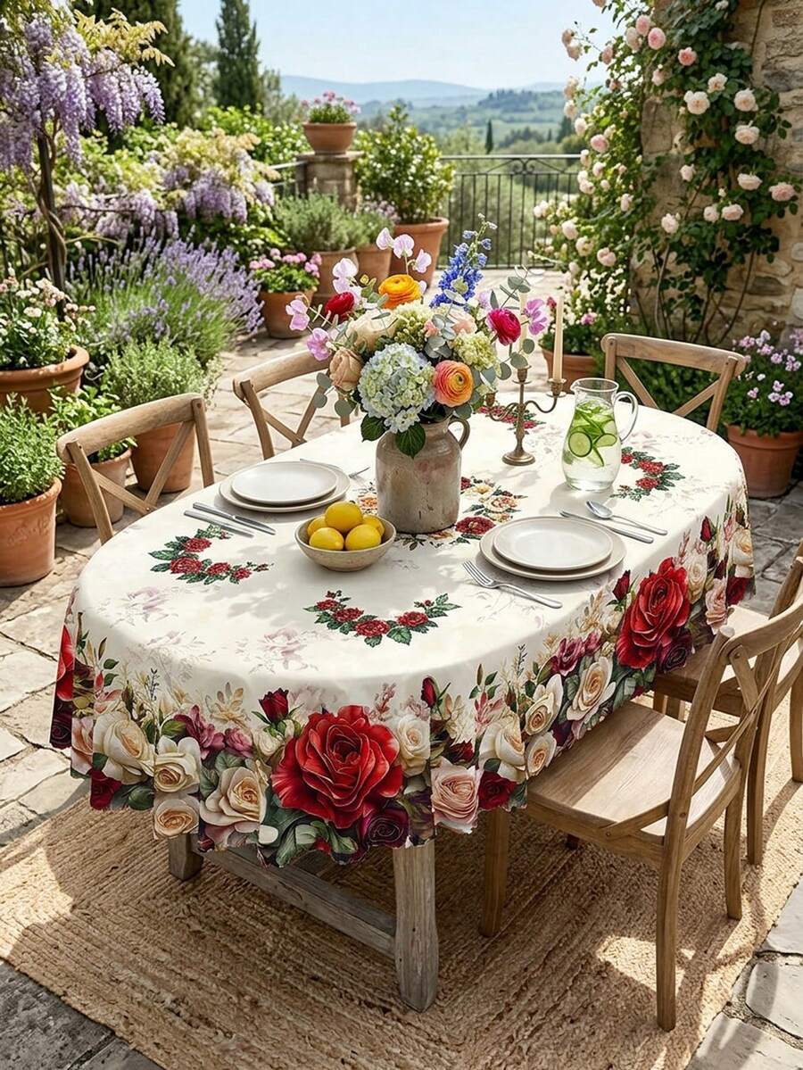 1pc Vintage Rose Floral Garden Print Tablecloth, Romantic European Farmhouse Style Polyester Rectangular/Oval Table Cover With Red Rose, White Rose, Flower Bouquet, Green Leaf Botanical Pattern, Decorative Dining Tablecloth - Multicolor - View 1