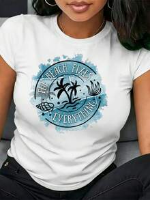 Camiseta de algodón, ligera y transpirable, de edición limitada para mujer, con un diseño creativo y divertido de letras estampadas, para uso casual al aire libre en primavera y verano, fiestas de vacaciones, versátil y elegante con estampado de palmeras. - Albaricoque - Ver 8