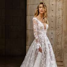 Women's Lace Long Sleeve Wedding Dress, Deep V Neck A-Line Bridal Gown, Floral Applique Tulle Maxi Dress - trắng - Xem 2