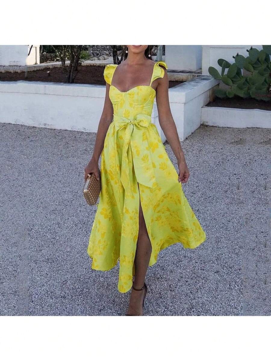 Vintage French Floral Print Sundress With Straps, Fitted Waist, New Summer 2026 Collection, European-American Style - Yellow - View 1