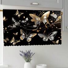 1pc Black & Gold Butterfly Print Polyester Short Plush Tablecloth, Ideal Home Decor For Kitchen Cabinet, Laundry Cabinet, Storage Cabinet, Can Also Be Used As Short Curtain For Windows - Multicolor - View 3