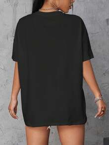 Camiseta suave 100% algodón, con estampado de moda y personalidad, estilo casual, manga corta, cuello redondo, ligeramente elástica, top deportivo, ropa activa para mujer, camiseta de algodón transpirable, combina con todo, genial. - Negro - Ver 2