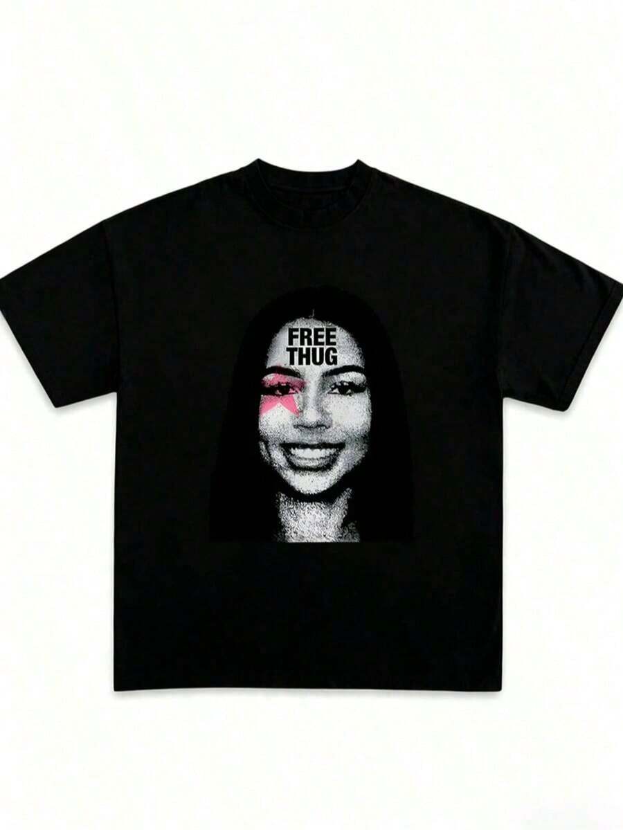 Unisex Mariah Hip Hop Graphic Tee, 100% Cotton Crew Neck Oversized Short Sleeve T-Shirt, Vintage Y2K Streetwear Printed Casual Tops For Men Women - 黑色 - 查看 1