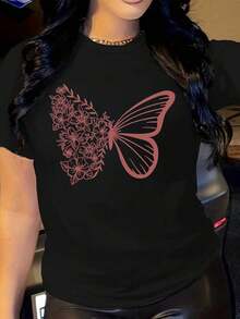 Designed For Modern, Stylish, And Comfortable Women. This Women's Casual Summer Blouse Features A Round Neck, Short Sleeves, And A Vibrant Butterfly Floral Print. The H-Shaped Silhouette Is Breathable, Hand Wash Only, And Includes A Butterfly Appliqué. Made From Premium Soft, Breathable Fabric, It's Designed For All-Day Comfort And Versatile Everyday Wear, Perfect For Casual Outings. - 黑色 - 查看 10