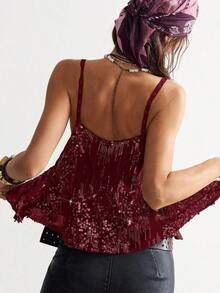 Camiseta de tirantes finos sin mangas de verano con lentejuelas de moda casual para mujeres - Burdeos - Ver 7