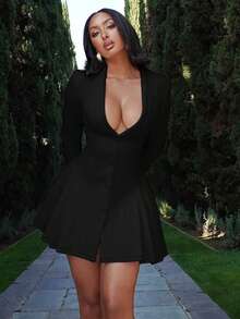 Vestido corto elegante con cuello de blazer y escote profundo color liso - Negro - View 3