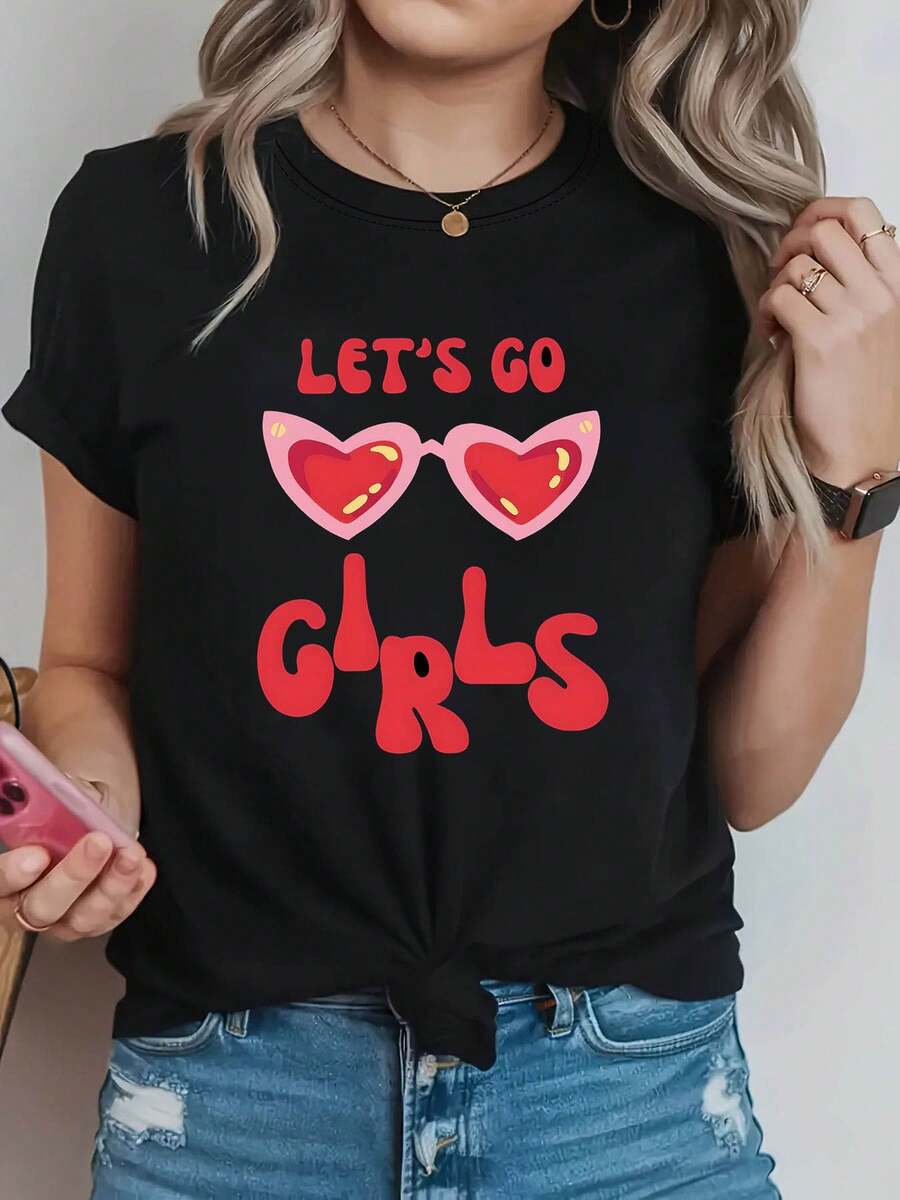 Tallas Grandes - Tallas Grandes - Conjunto Chic para Mejores Amigas, Reunión Divertida de Mejores Amigas, VAMOS, Camiseta de Moda Casual de Cuello Redondo para Mujer de Tallas Grandes con Estampado de Gafas en Forma de Corazón para Primavera y Verano, Estilo Creativo, Cómoda, Uso Diario - Negro - Ver 1