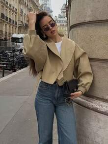 Women's Spring Khaki Loose Waist Tie Long Sleeve Casual Work Jacket Short Trench Coat Autumn Jacket - Khaki - View 4