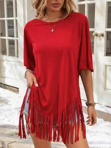 Women's Solid Color Round Neck Short Sleeve Casual Loose Shirt With Fringe Hem - Red - View 4