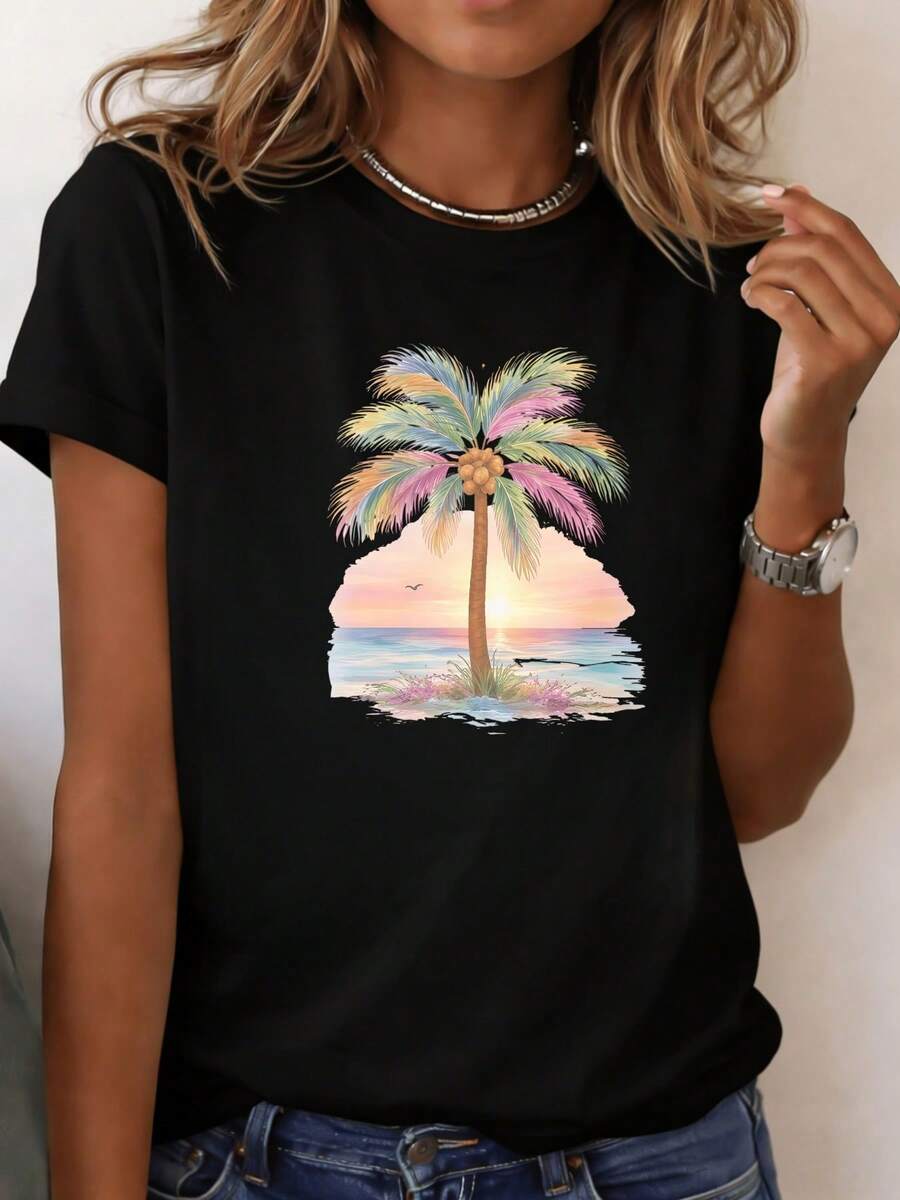 Classic Crew Neck T-Shirt With Coconut Print, Lightweight And Breathable, Not Tight Fit, Versatile Color Combination, Super Practical To Wear - Unisex Short Sleeve Cotton T-Shirt, Vintage Urban Style, Crew Neck And Loose Fit - 黑色 - 查看 1