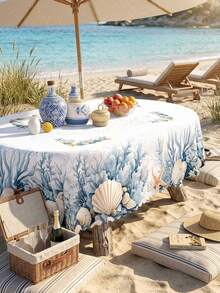 1 Pack Coastal Ocean & Seashell Printed Tablecloth, Blue Coral Starfish Pattern Polyester Table Cover, Nautical Beach Style Round/Oval Tablecloth, Scalloped Edge Wrinkle Resistant Waterproof Anti-Stain Table Protector, Reusable Dustproof Heat Resistant Outdoor Table Sheet - Multicolor - View 7