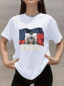 1 pieza Camiseta con el Escudo de Armas de Haití, 100% Algodón, Estilo Vintage, Cuello Redondo, Transpirable, Cómoda, Ropa para Vacaciones, 180g - Blanco - Ver 12