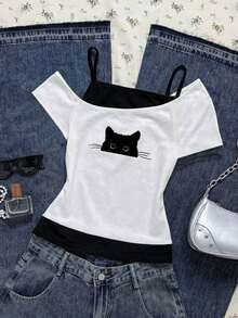Camiseta de manga corta con estampado de gato negro asomándose en contraste de color, estilo casual y retro, adecuada para el verano - Blanco - Ver 1