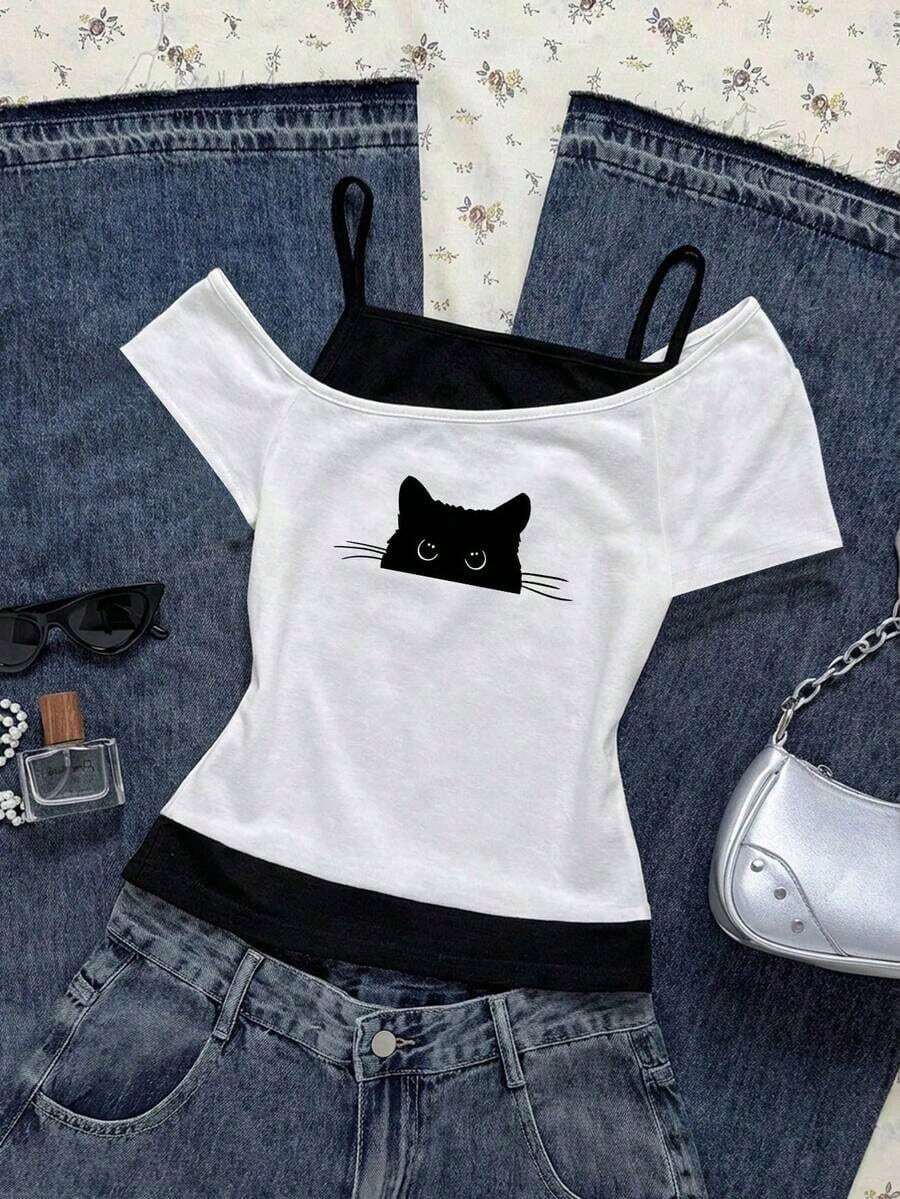 Camiseta de manga corta con estampado de gato negro asomándose en contraste de color, estilo casual y retro, adecuada para el verano - Blanco - Ver 1