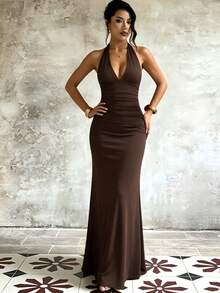 Women's Slim Fit Deep V-Neck Knit Dress, Sleeveless Backless Dress With Slight Stretch, Suitable For Casual And Party Style Summer Dress - Brown - View 3