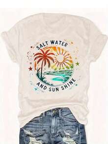 Camiseta con Estampado de Palmera al Atardecer Tropical |   Camiseta con Estampado de Vacaciones en la Playa y Verano |   Mezcla de algodón suave y transpirable, lavable a máquina (unisex, ligero y fresco, sencillo, para adolescentes) - Albaricoque - Ver 6