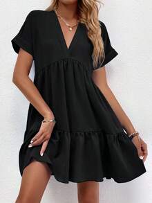 LUNE Vestido con puños enrollados, dobladillo con volantes y unicolor borgoña para outfit de mujer - Negro - Ver 4